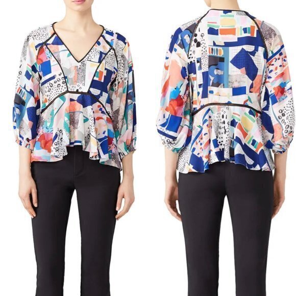 Hunter Bell Small Silk Geometric Grayson Top Blouse Abstract Watercolor V Neck